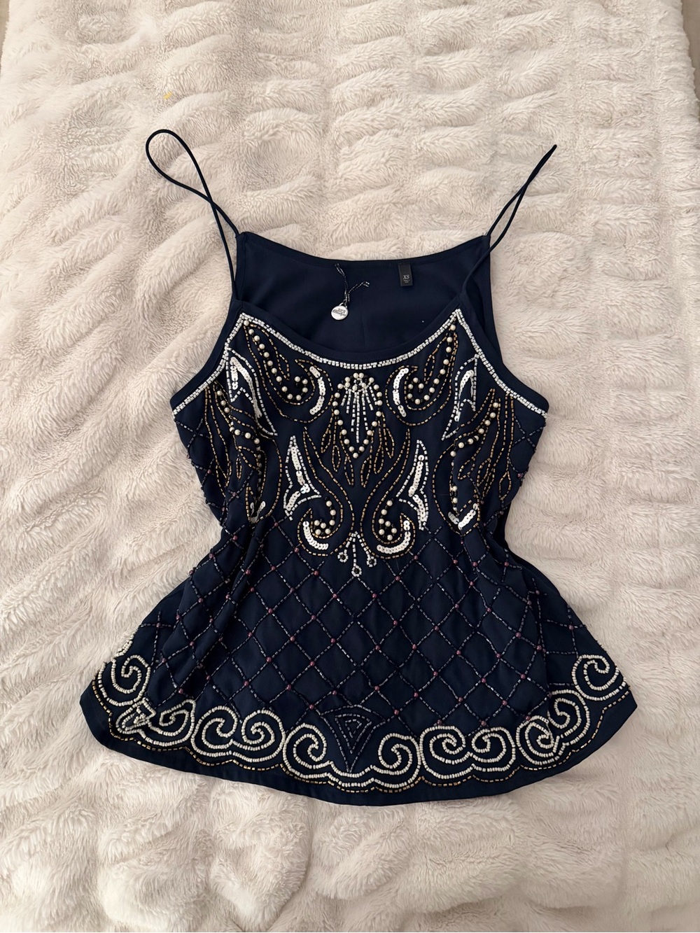 Embellished Navy Beaded Spaghetti Strap Tank Top